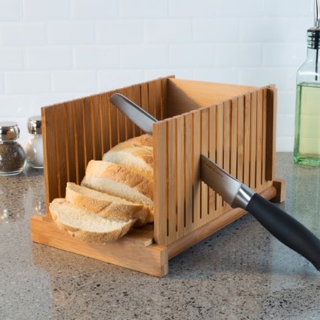 Hastings Home Bamboo Bread Slicer, Foldable, Adjustable Knife Guide and Board for Cutting Loaves, Prep Tool 302419DUC